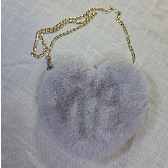 Handbags - Grey Faux Fur Heart Shaped Crossbody Bag Gold Chain Strap Y2K Coquette Aesthetic